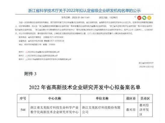 太美医疗科技荣获“浙江省高新技术企业研究开发中心”认定(图1)
